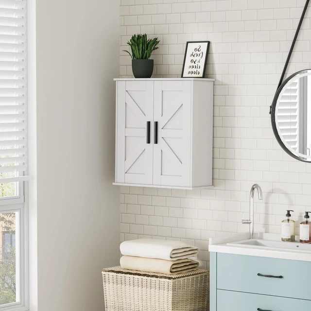 Alt view image 2 of 7 - Bathroom Wall Cabinet, Medicine Cabinet with Adjustable Shelves | 3-Tier Wall Mounted Over Toilet Storage with Barn Doors, for Bathroom, Kitchen, Entryway, Laundry Room, White, (7.9" D)