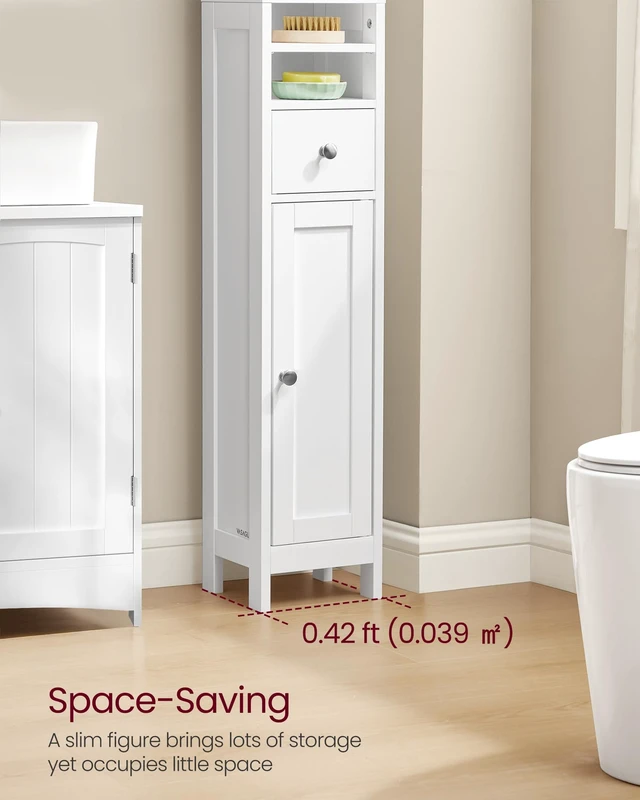 Alt view image 2 of 6 - Tall Bathroom Cabinet, Slim Freestanding, Drawer, Open Compartments | Adjustable Shelves, for Small Spaces, Traditional Basic, Cloud White, SIREN Collection UBBC765W01