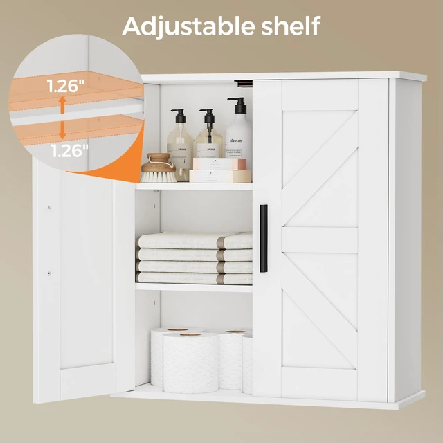 Alt view image 5 of 7 - Bathroom Wall Cabinet, Medicine Cabinet with Adjustable Shelves | 3-Tier Wall Mounted Over Toilet Storage with Barn Doors, for Bathroom, Kitchen, Entryway, Laundry Room, White, (7.9" D)