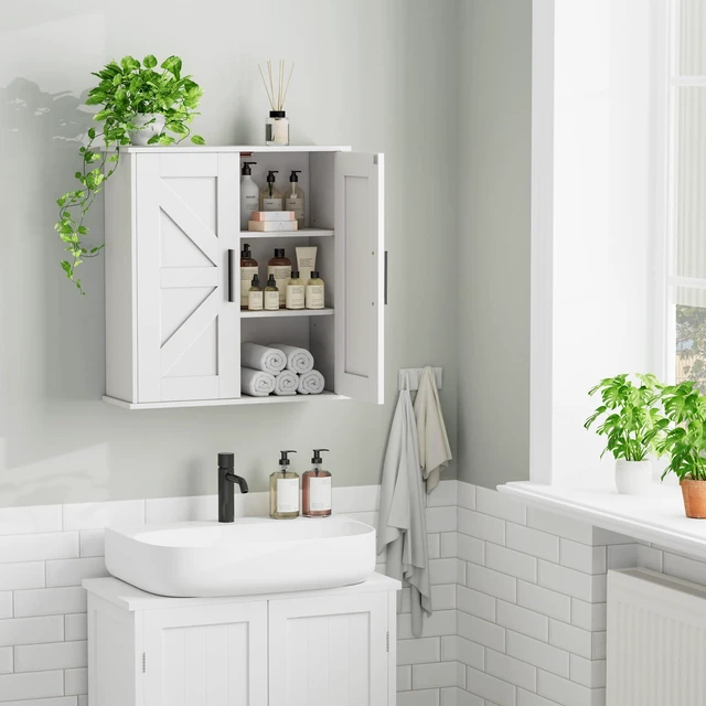 Alt view image 7 of 7 - Bathroom Wall Cabinet, Medicine Cabinet with Adjustable Shelves | 3-Tier Wall Mounted Over Toilet Storage with Barn Doors, for Bathroom, Kitchen, Entryway, Laundry Room, White, (7.9" D)