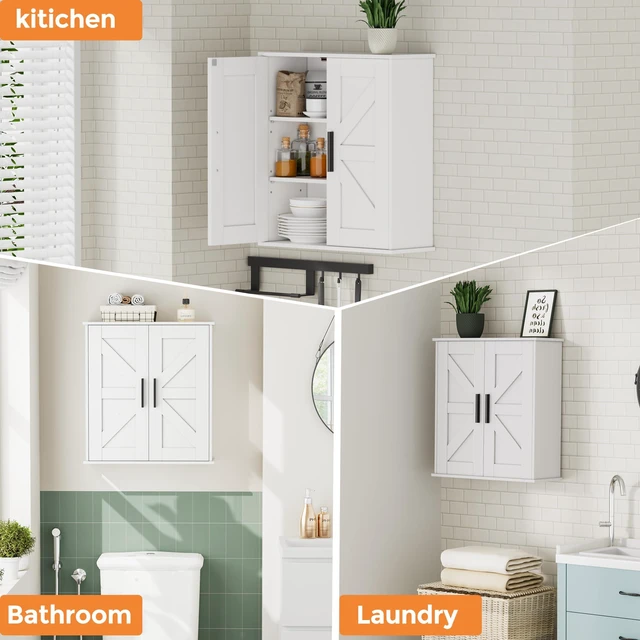 Alt view image 6 of 7 - Bathroom Wall Cabinet, Medicine Cabinet with Adjustable Shelves | 3-Tier Wall Mounted Over Toilet Storage with Barn Doors, for Bathroom, Kitchen, Entryway, Laundry Room, White, (7.9" D)