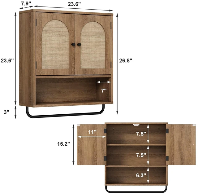 Alt view image 2 of 7 - Rattan Bathroom Wall Cabinet, Boho Medicine Cabinet with 2 Doors | Arched Doors, Farmhouse Over The Toilet Storage Cabinets, Adjustable Shelves, Towel Bar, 3-Tier Wall Mounted Cabinets