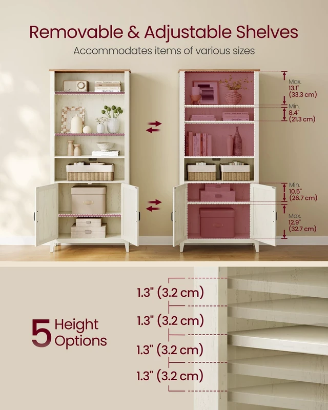 Alt view image 2 of 6 - Farmhouse Bookshelf, 6-Tier Bookcase with Doors | Bookshelf For Living Room, Bedroom, Farmhouse Style, Cloud White and Warm Brown, LIRY Collection ULBC134W101S