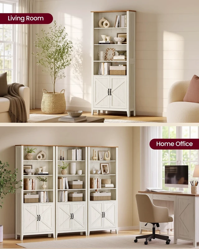 Alt view image 3 of 6 - Farmhouse Bookshelf, 6-Tier Bookcase with Doors | Bookshelf For Living Room, Bedroom, Farmhouse Style, Cloud White and Warm Brown, LIRY Collection ULBC134W101S