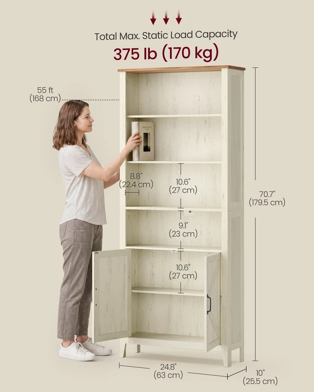 Alt view image 5 of 6 - Farmhouse Bookshelf, 6-Tier Bookcase with Doors | Bookshelf For Living Room, Bedroom, Farmhouse Style, Cloud White and Warm Brown, LIRY Collection ULBC134W101S