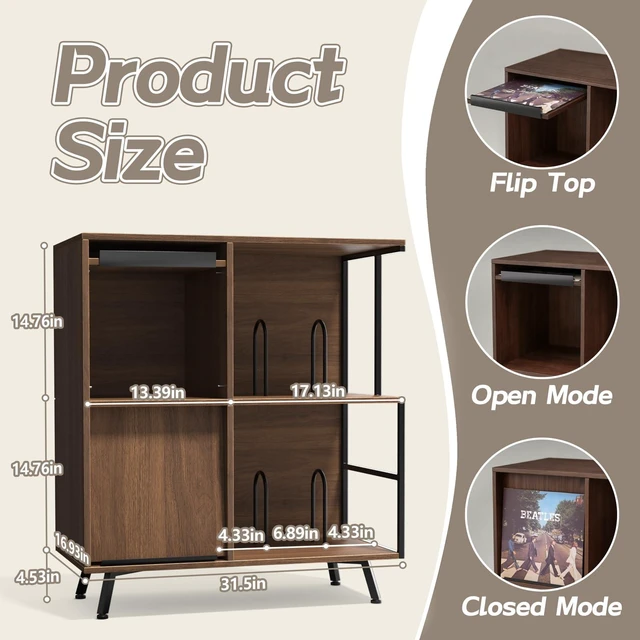 Alt view image 2 of 7 - 3 Tier Record Player Stand with Flip-Down Record Shelf, Walnut | Vinyl Record Storage Holds up to 300+ Albums, Turntable Stand with Album Display, Record Table with Large Open Storage