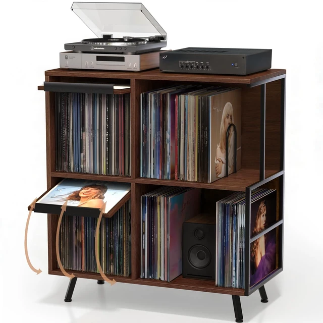 Main image of 3 Tier Record Player Stand with Flip-Down Record Shelf, Walnut | Vinyl Record Storage Holds up to 300+ Albums, Turntable Stand with Album Display, Record Table with Large Open Storage