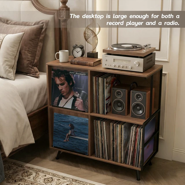 Alt view image 4 of 7 - 3 Tier Record Player Stand with Flip-Down Record Shelf, Walnut | Vinyl Record Storage Holds up to 300+ Albums, Turntable Stand with Album Display, Record Table with Large Open Storage