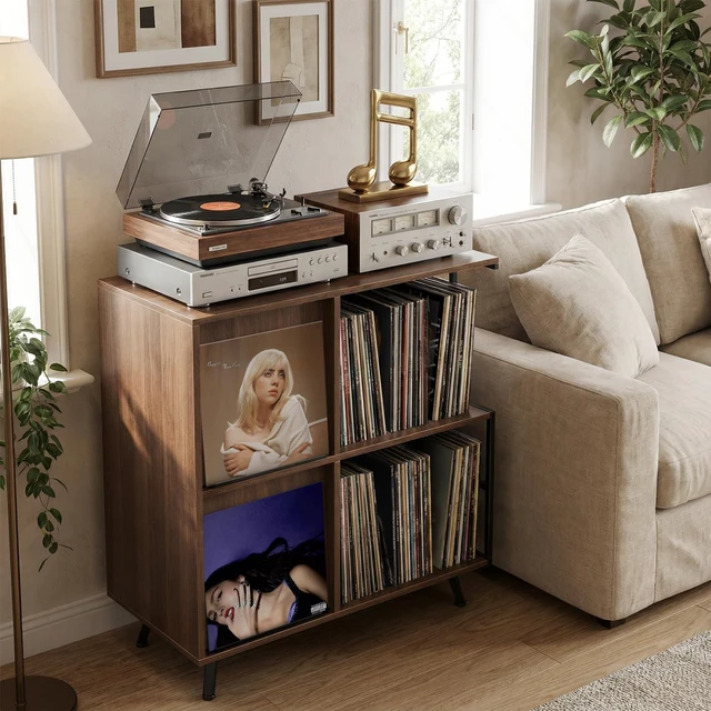 Alt view image 5 of 7 - 3 Tier Record Player Stand with Flip-Down Record Shelf, Walnut | Vinyl Record Storage Holds up to 300+ Albums, Turntable Stand with Album Display, Record Table with Large Open Storage