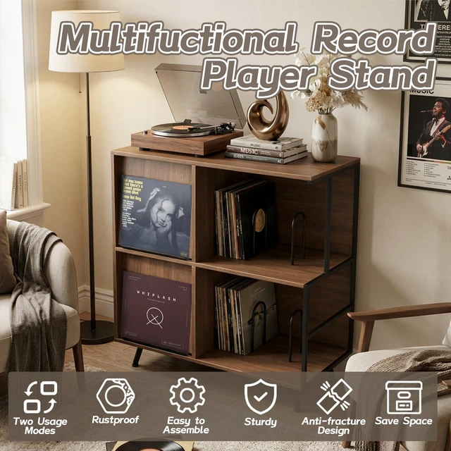 Alt view image 7 of 7 - 3 Tier Record Player Stand with Flip-Down Record Shelf, Walnut | Vinyl Record Storage Holds up to 300+ Albums, Turntable Stand with Album Display, Record Table with Large Open Storage