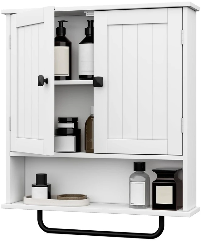 Main image of Bathroom Cabinet Wall Mounted Medicine Cabinets with Towels Bar (White) | Over The Toilet Storage Cabinet with 2 Doors and Adjustable Shelf, White Wall Cabinet for Bathroom Laundry Kitchen