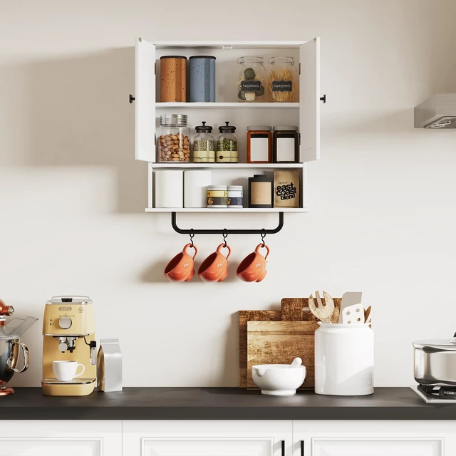 Alt view image 2 of 7 - Bathroom Cabinet Wall Mounted Medicine Cabinets with Towels Bar (White) | Over The Toilet Storage Cabinet with 2 Doors and Adjustable Shelf, White Wall Cabinet for Bathroom Laundry Kitchen