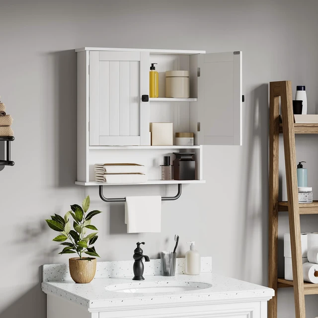 Alt view image 4 of 7 - Bathroom Cabinet Wall Mounted Medicine Cabinets with Towels Bar (White) | Over The Toilet Storage Cabinet with 2 Doors and Adjustable Shelf, White Wall Cabinet for Bathroom Laundry Kitchen