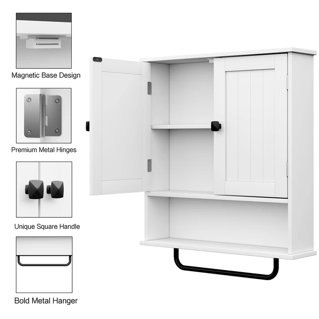 Alt view image 5 of 7 - Bathroom Cabinet Wall Mounted Medicine Cabinets with Towels Bar (White) | Over The Toilet Storage Cabinet with 2 Doors and Adjustable Shelf, White Wall Cabinet for Bathroom Laundry Kitchen