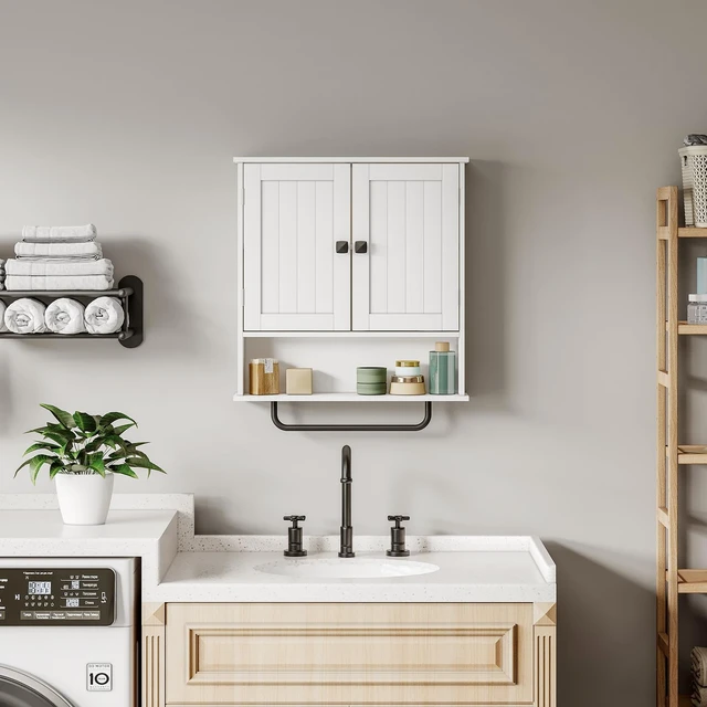 Alt view image 6 of 7 - Bathroom Cabinet Wall Mounted Medicine Cabinets with Towels Bar (White) | Over The Toilet Storage Cabinet with 2 Doors and Adjustable Shelf, White Wall Cabinet for Bathroom Laundry Kitchen