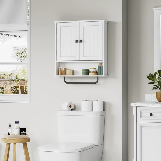 Alt view image 7 of 7 - Bathroom Cabinet Wall Mounted Medicine Cabinets with Towels Bar (White) | Over The Toilet Storage Cabinet with 2 Doors and Adjustable Shelf, White Wall Cabinet for Bathroom Laundry Kitchen