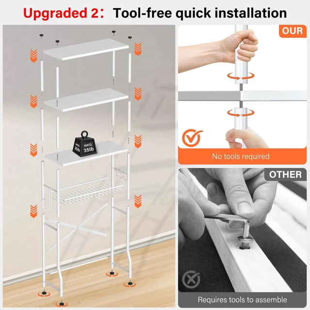 Alt view image 3 of 7 - Over the Toilet Storage shelf, 4-Tier Bathroom Organizer Rack, Easy To Install with Adjustable Feet Pad and Basket Freestanding Bathroom Shelves Above Toilet, Space Saver Toilet Storage Cabinet(White)