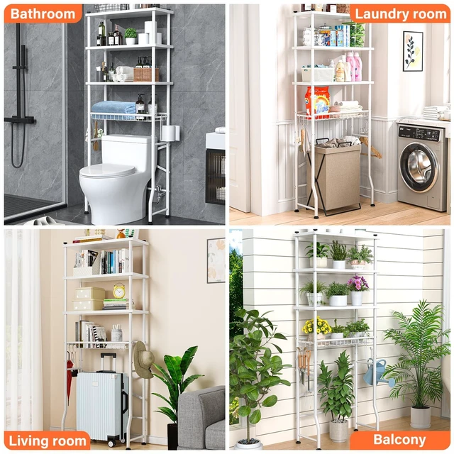 Alt view image 4 of 7 - Over the Toilet Storage shelf, 4-Tier Bathroom Organizer Rack, Easy To Install with Adjustable Feet Pad and Basket Freestanding Bathroom Shelves Above Toilet, Space Saver Toilet Storage Cabinet(White)