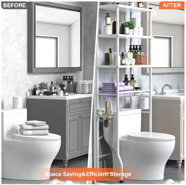 Alt view image 5 of 7 - Over the Toilet Storage shelf, 4-Tier Bathroom Organizer Rack, Easy To Install with Adjustable Feet Pad and Basket Freestanding Bathroom Shelves Above Toilet, Space Saver Toilet Storage Cabinet(White)