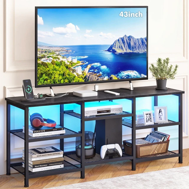 Main image of Entertainment Center for TVs Up to 50in with LED Lights, Black | Fits 32/40/43/48in TVs, 11.8in depth, 21.5in height, open shelves, 2 AC outlets,2 USB ports & 1 Type-C, bedroom living room