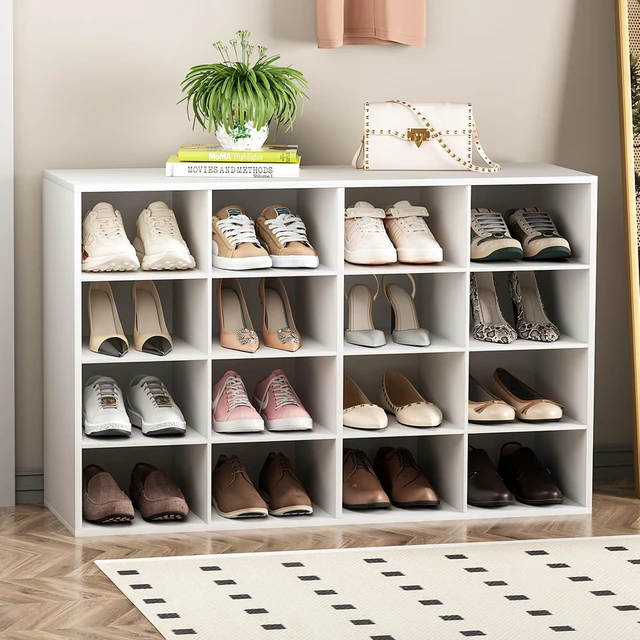 Main image of Shoe Storage Bench, Cubby Shoe Rack with 16 Cubbies, 4-Tier Wood Shoe Rack Organizer, Shoe Organizer Cabinet for Entryway, Hallway, Closet and Garage, White