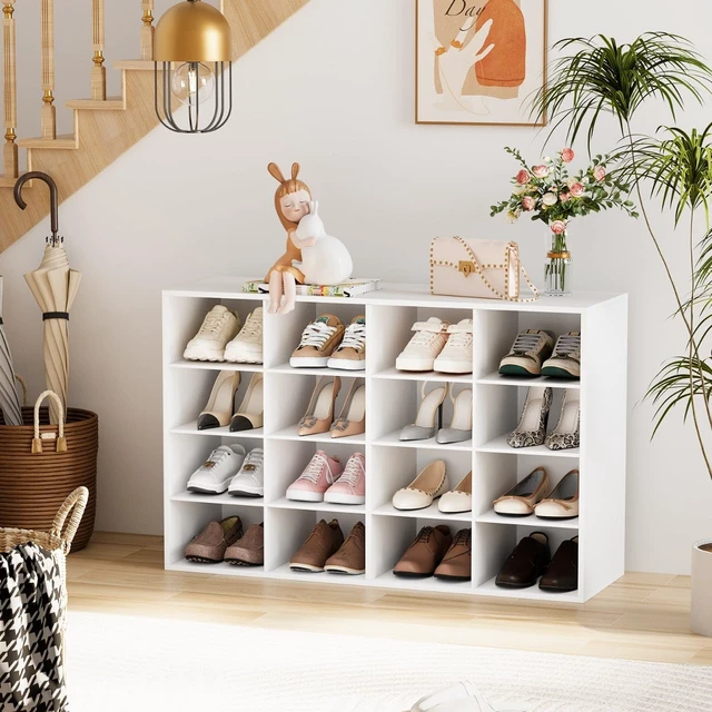 Alt view image 3 of 7 - Shoe Storage Bench, Cubby Shoe Rack with 16 Cubbies, 4-Tier Wood Shoe Rack Organizer, Shoe Organizer Cabinet for Entryway, Hallway, Closet and Garage, White