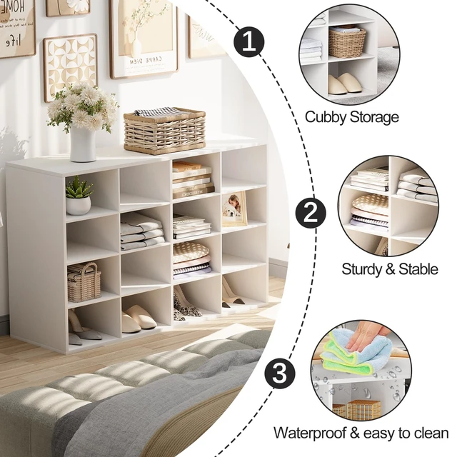 Alt view image 4 of 7 - Shoe Storage Bench, Cubby Shoe Rack with 16 Cubbies, 4-Tier Wood Shoe Rack Organizer, Shoe Organizer Cabinet for Entryway, Hallway, Closet and Garage, White