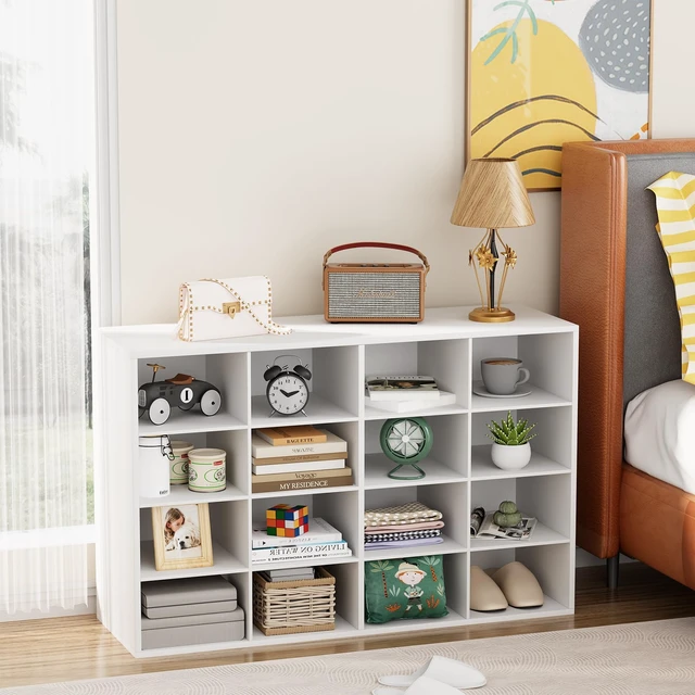 Alt view image 7 of 7 - Shoe Storage Bench, Cubby Shoe Rack with 16 Cubbies, 4-Tier Wood Shoe Rack Organizer, Shoe Organizer Cabinet for Entryway, Hallway, Closet and Garage, White