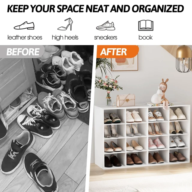 Alt view image 6 of 7 - Shoe Storage Bench, Cubby Shoe Rack with 16 Cubbies, 4-Tier Wood Shoe Rack Organizer, Shoe Organizer Cabinet for Entryway, Hallway, Closet and Garage, White