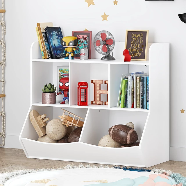 Main image of Toy Storage Organizer with Bookcase, Slanted Kids Toy Shelf Cubby | Multi Toy Storage Bookshelf, Spacious Shelves and 2 Market Bins, Water-Based Paint, Toy Room, Playroom, Kids Gift, White