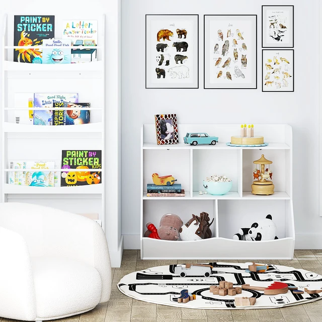 Alt view image 2 of 7 - Toy Storage Organizer with Bookcase, Slanted Kids Toy Shelf Cubby | Multi Toy Storage Bookshelf, Spacious Shelves and 2 Market Bins, Water-Based Paint, Toy Room, Playroom, Kids Gift, White