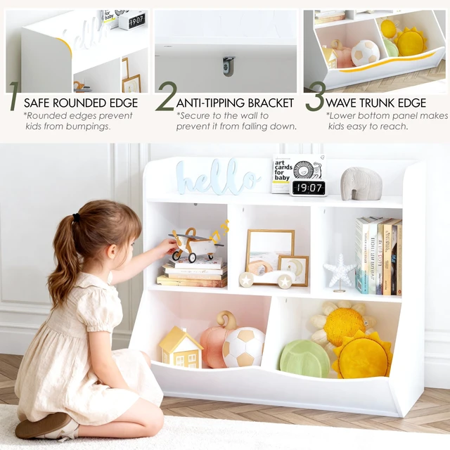 Alt view image 3 of 7 - Toy Storage Organizer with Bookcase, Slanted Kids Toy Shelf Cubby | Multi Toy Storage Bookshelf, Spacious Shelves and 2 Market Bins, Water-Based Paint, Toy Room, Playroom, Kids Gift, White