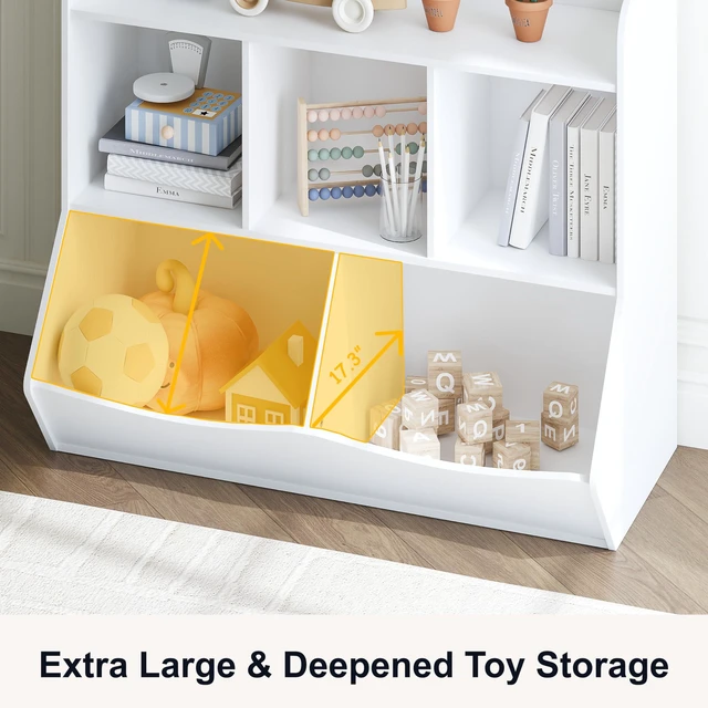 Alt view image 5 of 7 - Toy Storage Organizer with Bookcase, Slanted Kids Toy Shelf Cubby | Multi Toy Storage Bookshelf, Spacious Shelves and 2 Market Bins, Water-Based Paint, Toy Room, Playroom, Kids Gift, White