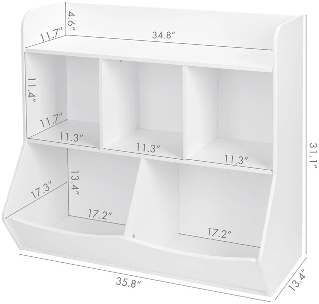 Alt view image 6 of 7 - Toy Storage Organizer with Bookcase, Slanted Kids Toy Shelf Cubby | Multi Toy Storage Bookshelf, Spacious Shelves and 2 Market Bins, Water-Based Paint, Toy Room, Playroom, Kids Gift, White