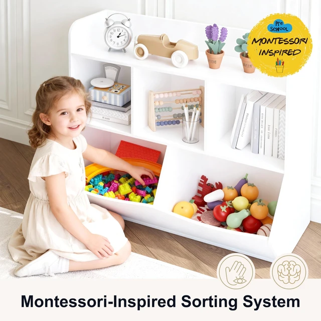 Alt view image 7 of 7 - Toy Storage Organizer with Bookcase, Slanted Kids Toy Shelf Cubby | Multi Toy Storage Bookshelf, Spacious Shelves and 2 Market Bins, Water-Based Paint, Toy Room, Playroom, Kids Gift, White