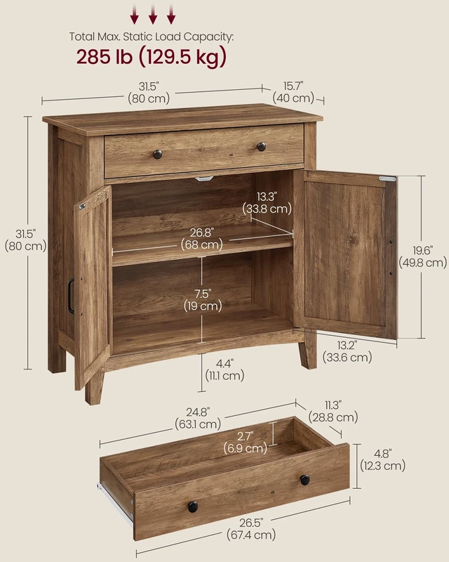 Alt view image 6 of 6 - Buffet Cabinet, Coffee Bar with a Drawer, Adjustable Shelf | Sideboard Storage with Cable Hole, Drawer Divider, Honey Brown, LIRY Collection UBBK341K01