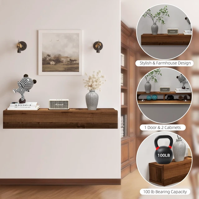 Alt view image 4 of 7 - Floating Solid Wood Console Table, 32'' Wall Mounted Narrow Entryway Table with Storage Shelf, Modern Couch Shelves Small Entry Way Tables for Entryway, Front Hall, Hallway (Walnut, 31.5IN)