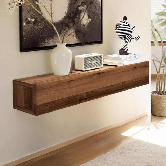 Main image of Floating Solid Wood Console Table, 32'' Wall Mounted Narrow Entryway Table with Storage Shelf, Modern Couch Shelves Small Entry Way Tables for Entryway, Front Hall, Hallway (Walnut, 31.5IN)