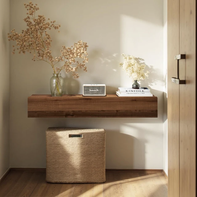 Alt view image 7 of 7 - Floating Solid Wood Console Table, 32'' Wall Mounted Narrow Entryway Table with Storage Shelf, Modern Couch Shelves Small Entry Way Tables for Entryway, Front Hall, Hallway (Walnut, 31.5IN)
