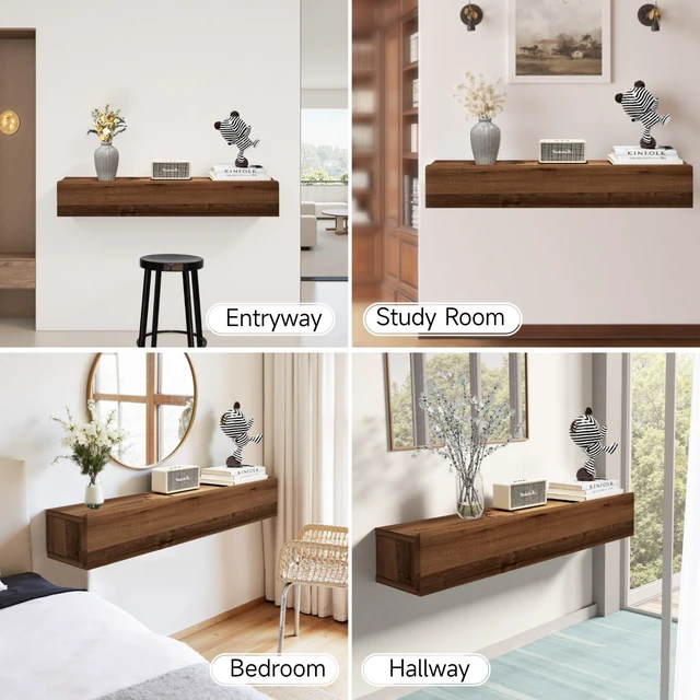Alt view image 5 of 7 - Floating Solid Wood Console Table, 32'' Wall Mounted Narrow Entryway Table with Storage Shelf, Modern Couch Shelves Small Entry Way Tables for Entryway, Front Hall, Hallway (Walnut, 31.5IN)
