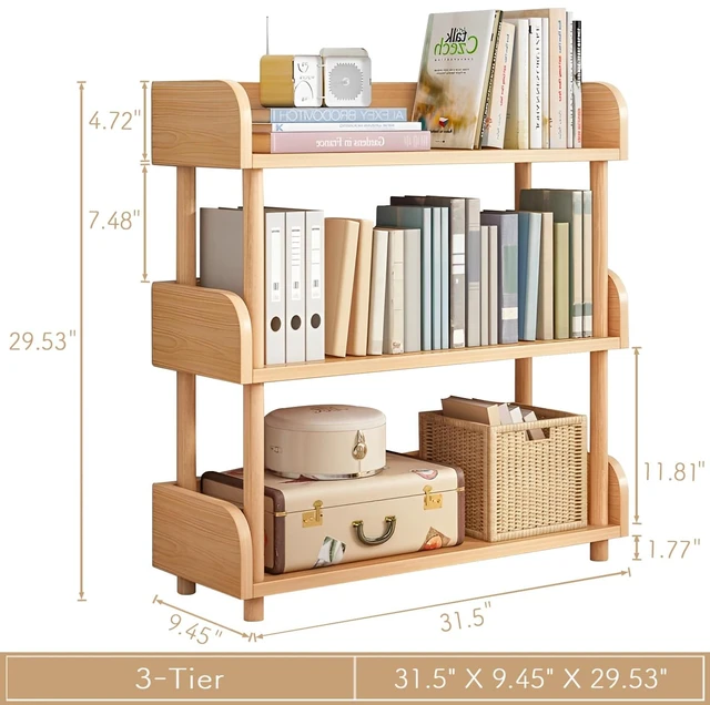 Alt view image 2 of 7 - 3-Tier Wooden Open Bookcase, Oak | Modern Display Bookshelf with Top Edge, Solid Wood Frame, Home and Office Storage