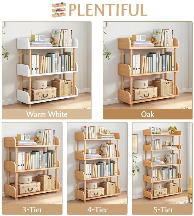 Alt view image 3 of 7 - 3-Tier Wooden Open Bookcase, Oak | Modern Display Bookshelf with Top Edge, Solid Wood Frame, Home and Office Storage