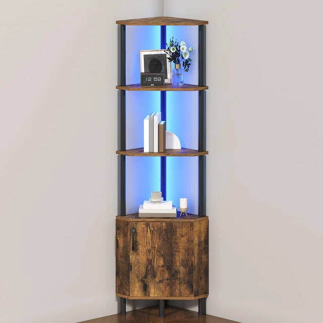 Main image of Corner Cabinet with LED Light, Corner Shelf Stand with Storage and Doors, 5-Tier Industrial Corner Bookshelf, 59 Tall Display Rack Shelf, for Living Room, Kitchen, Rustic Brown BF147DCJ01
