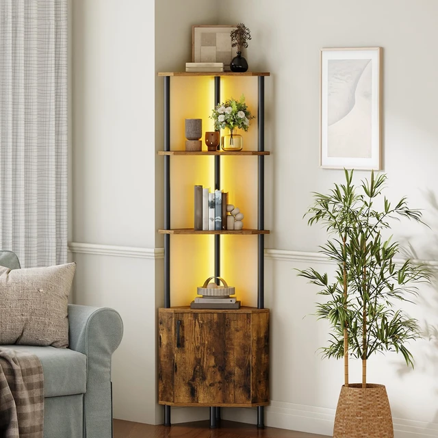 Alt view image 2 of 7 - Corner Cabinet with LED Light, Corner Shelf Stand with Storage and Doors, 5-Tier Industrial Corner Bookshelf, 59 Tall Display Rack Shelf, for Living Room, Kitchen, Rustic Brown BF147DCJ01