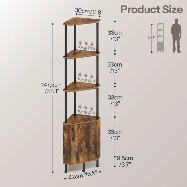 Alt view image 3 of 7 - Corner Cabinet with LED Light, Corner Shelf Stand with Storage and Doors, 5-Tier Industrial Corner Bookshelf, 59 Tall Display Rack Shelf, for Living Room, Kitchen, Rustic Brown BF147DCJ01
