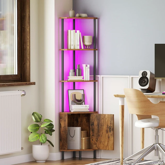 Alt view image 4 of 7 - Corner Cabinet with LED Light, Corner Shelf Stand with Storage and Doors, 5-Tier Industrial Corner Bookshelf, 59 Tall Display Rack Shelf, for Living Room, Kitchen, Rustic Brown BF147DCJ01