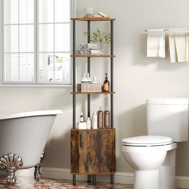 Alt view image 5 of 7 - Corner Cabinet with LED Light, Corner Shelf Stand with Storage and Doors, 5-Tier Industrial Corner Bookshelf, 59 Tall Display Rack Shelf, for Living Room, Kitchen, Rustic Brown BF147DCJ01