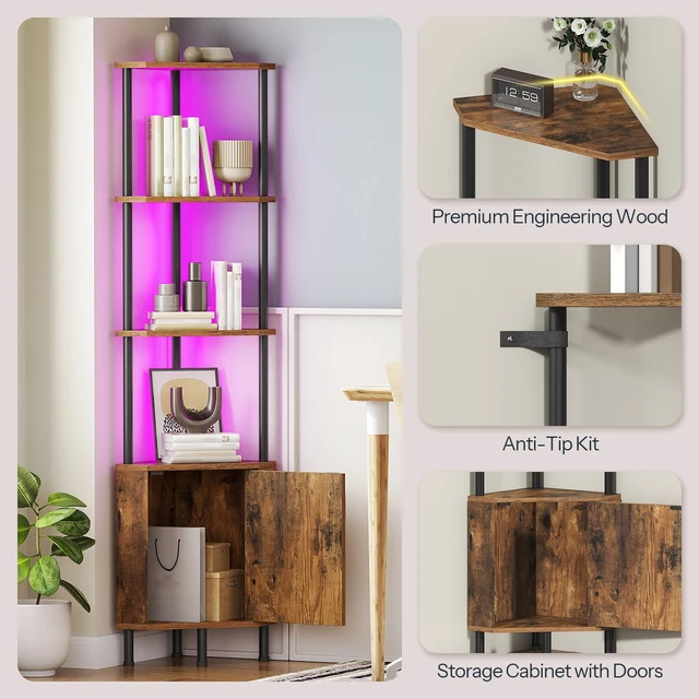 Alt view image 7 of 7 - Corner Cabinet with LED Light, Corner Shelf Stand with Storage and Doors, 5-Tier Industrial Corner Bookshelf, 59 Tall Display Rack Shelf, for Living Room, Kitchen, Rustic Brown BF147DCJ01