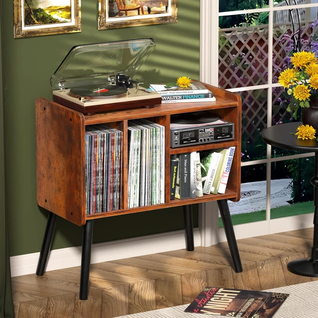 Alt view image 2 of 7 - Record Player Table, Mid-Century Record Player Stand Hold Up to 150+ Albums | with Vinyl Storage Vinyl Record Cabinet with Adjustable Shelves, Wood Turntable Stand for Music Living Room (Brown)