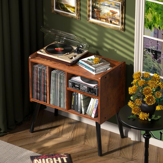 Alt view image 5 of 7 - Record Player Table, Mid-Century Record Player Stand Hold Up to 150+ Albums | with Vinyl Storage Vinyl Record Cabinet with Adjustable Shelves, Wood Turntable Stand for Music Living Room (Brown)